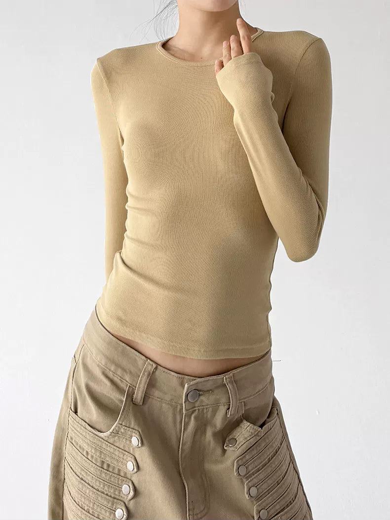 Khaki ribbed long sleeve top neckline view - CT66257