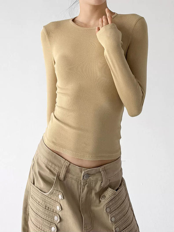 Khaki ribbed long sleeve top neckline view - CT66257