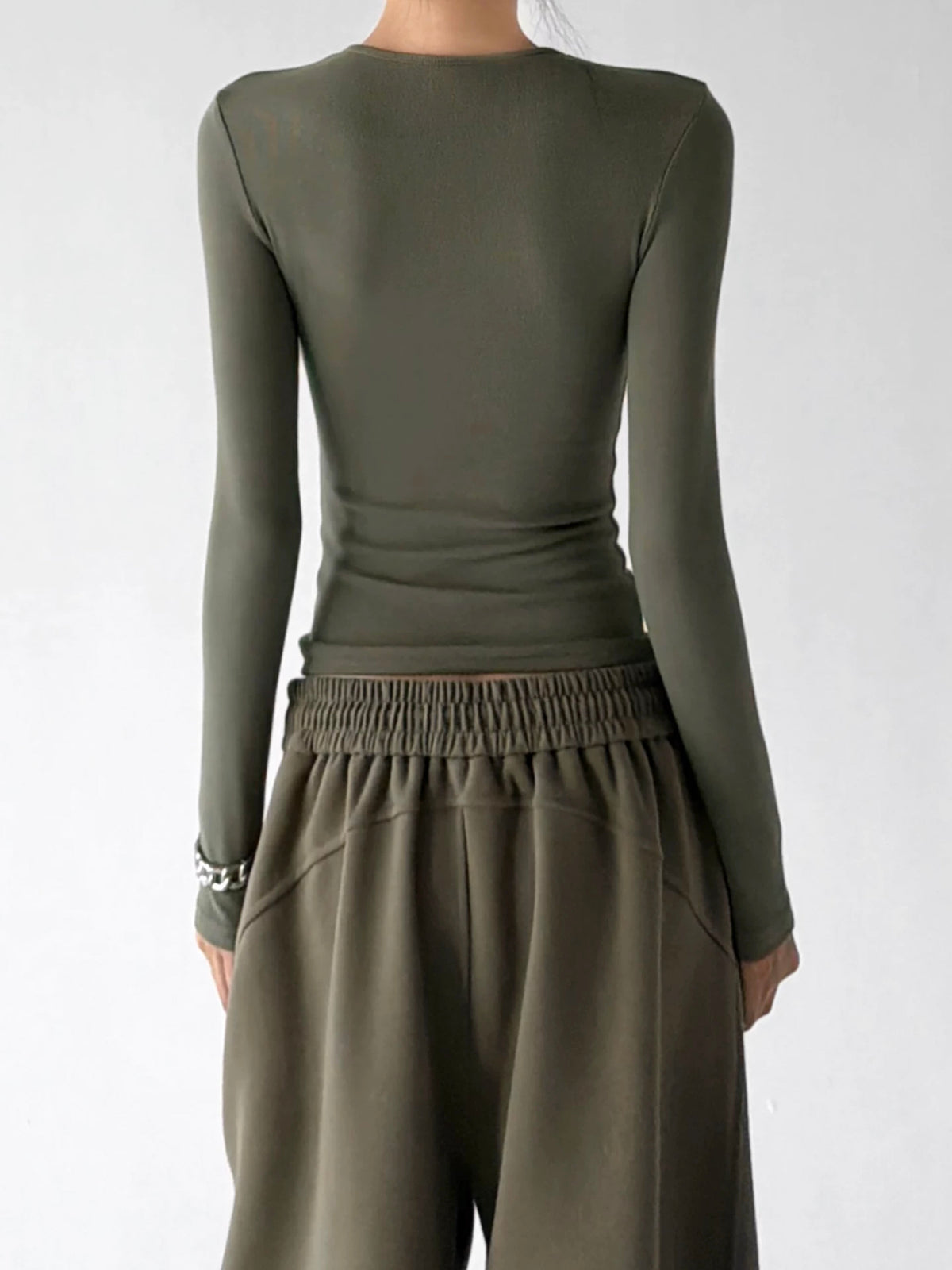Light Army Green ribbed long sleeve top back - CT66257