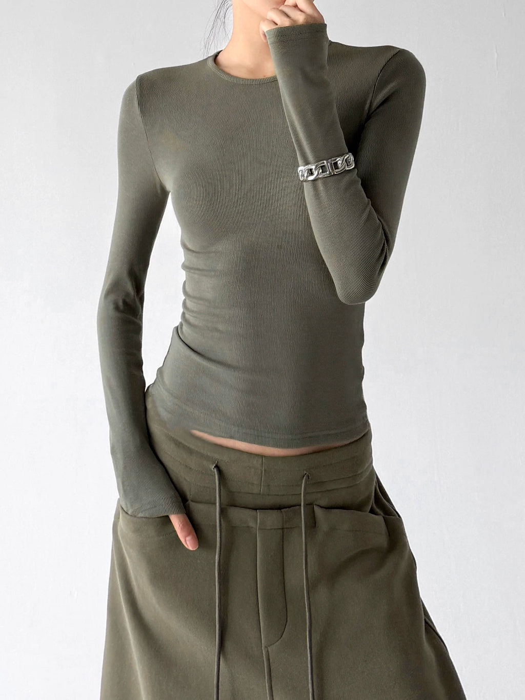 Light Army Green ribbed long sleeve top neckline view - CT66257