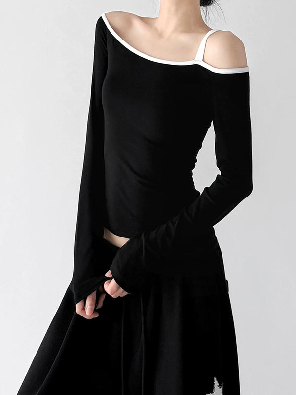 Black asymmetrical off-shoulder top angled front - CT66264