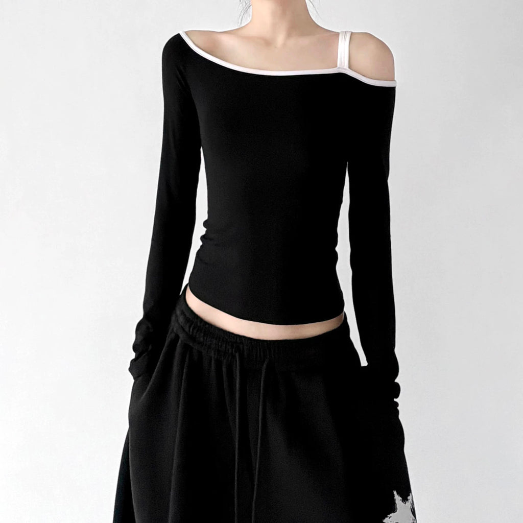 Black asymmetrical off-shoulder top front - CT66264