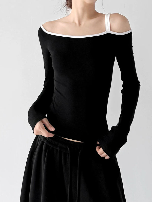 Black asymmetrical off-shoulder top front hands - CT66264