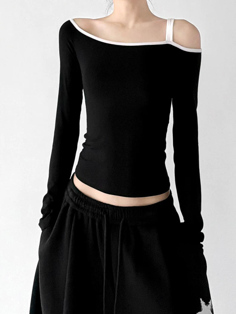 Black asymmetrical off-shoulder top off shoulder front - CT66264