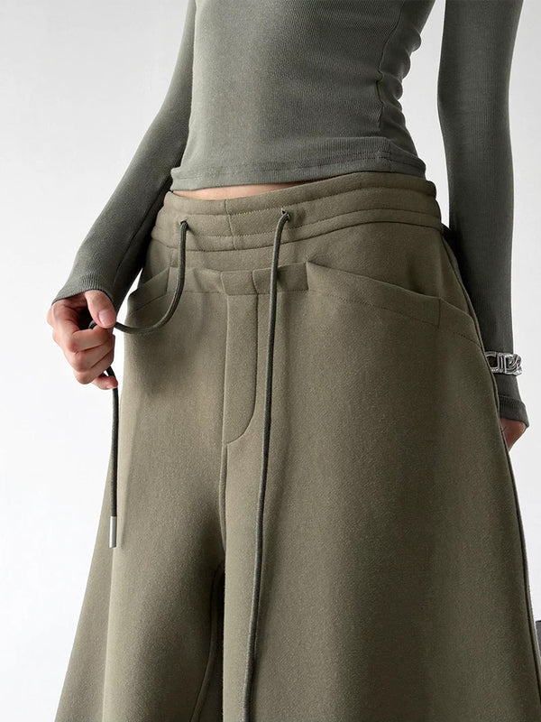 Army Green drawstring wide-leg pants waist detail - CT66266
