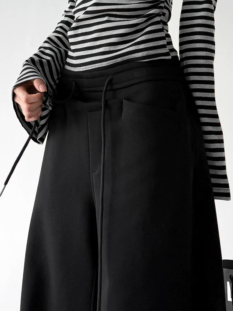 Black drawstring wide-leg pants waist detail - CT66266