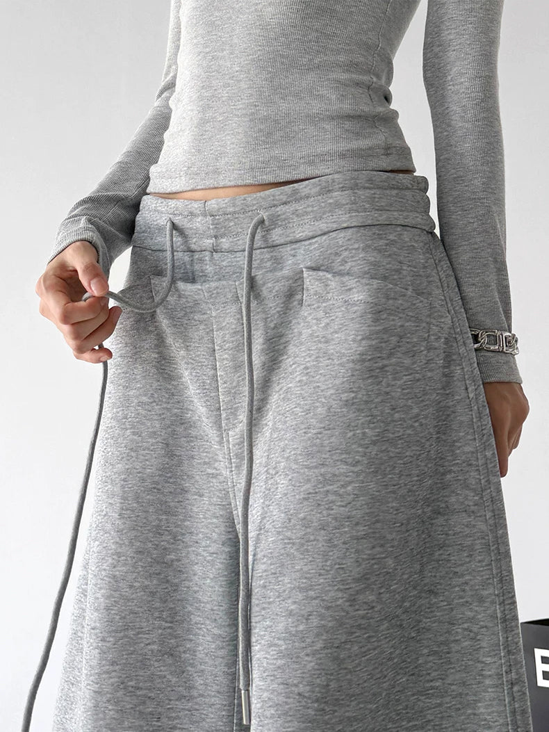 Gray drawstring wide-leg pants waist detail - CT66266