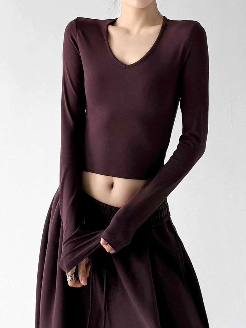 Berry Purple v neck crop top, front hands view