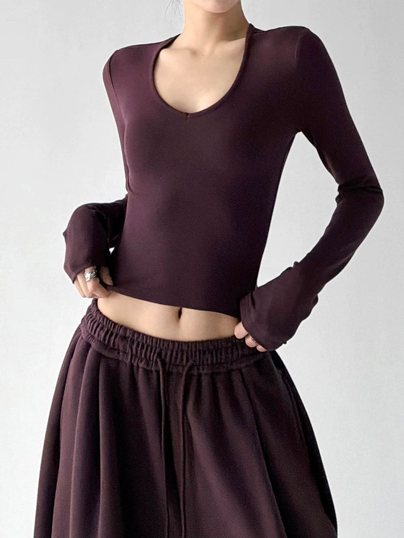 Berry Purple v neck crop top, hem detail view