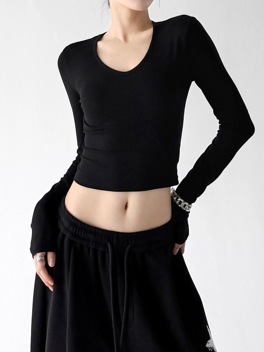 Black v neck crop top, front alternate view
