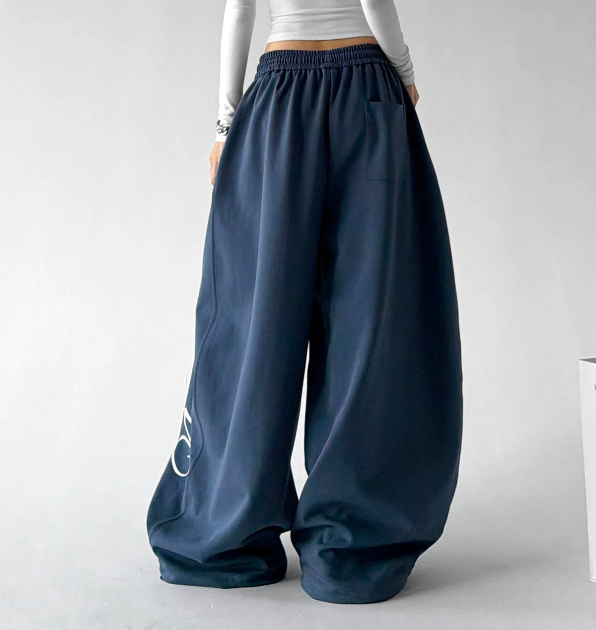 Navy Blue wide leg pants, back view
