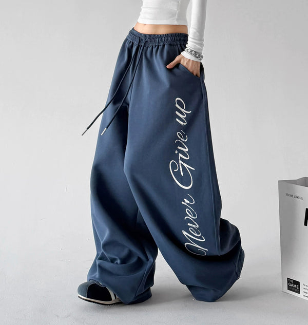 Navy Blue wide leg pants, side view