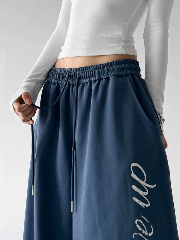 Navy Blue wide leg pants, waist detail view