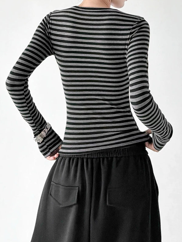 Black Gray striped long-sleeve top back view - CT66270