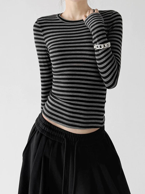 Black Gray striped long-sleeve top front view - CT66270