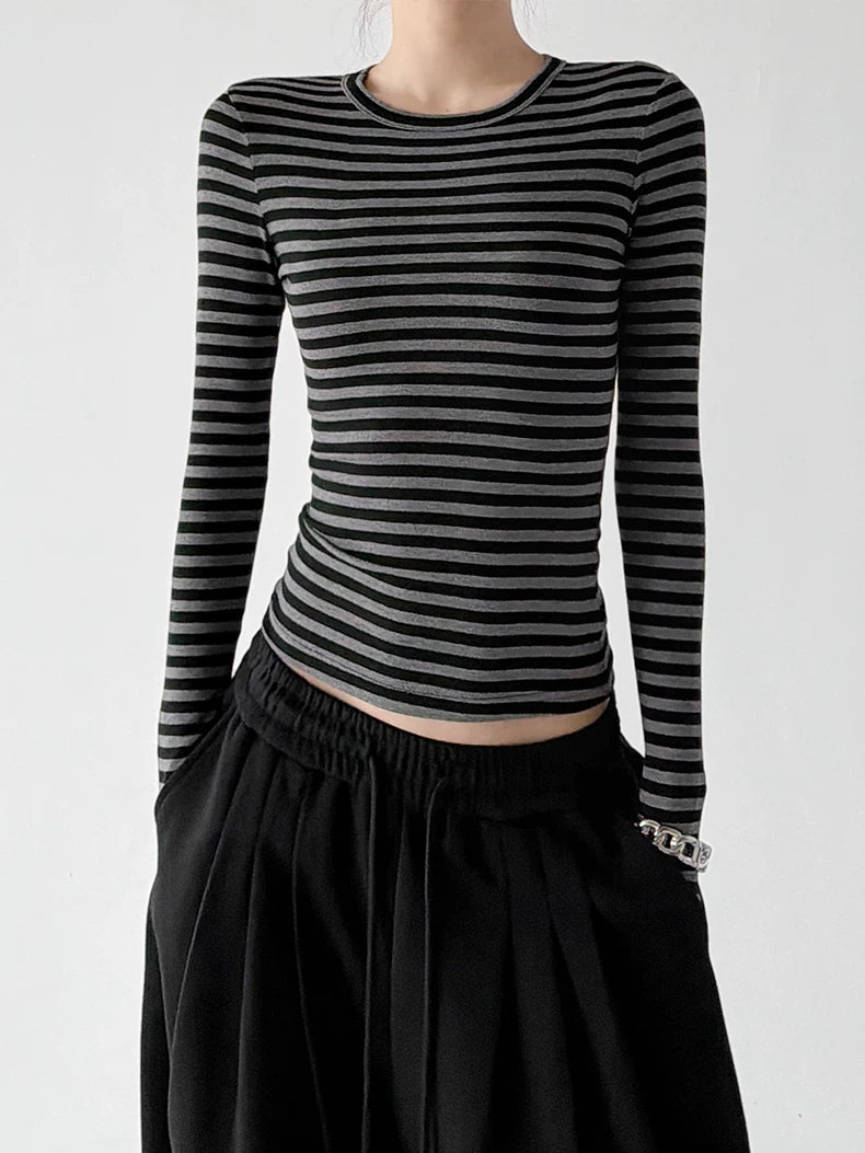 Black Gray striped long-sleeve top side view - CT66270