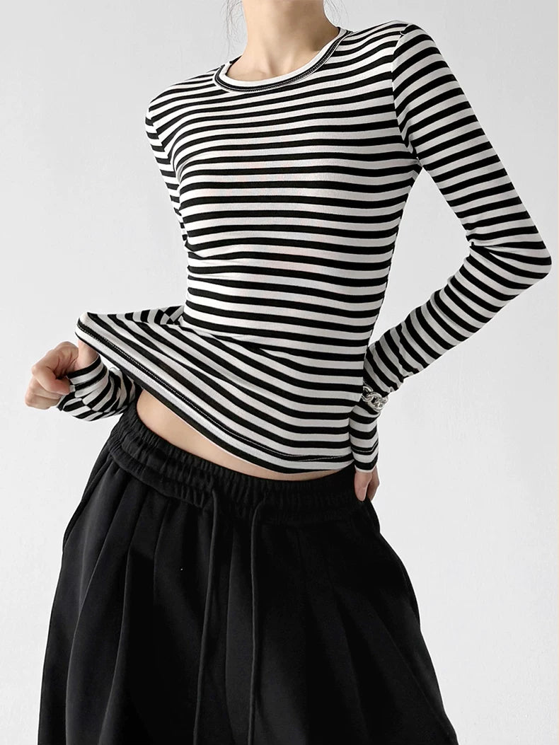 Black White striped long-sleeve top angled front view - CT66270