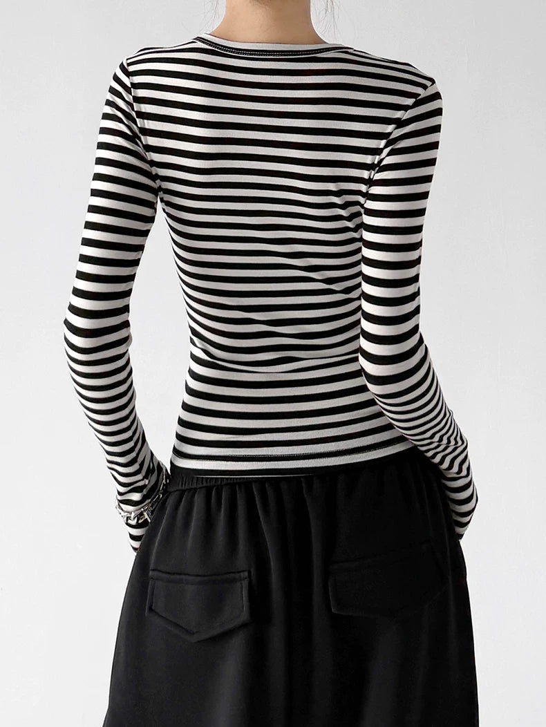 Black White striped long-sleeve top back view - CT66270