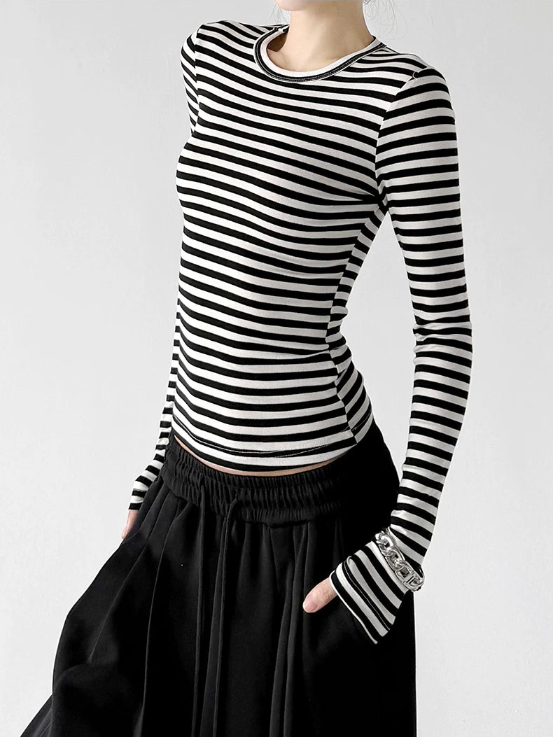 Black White striped long-sleeve top front view - CT66270