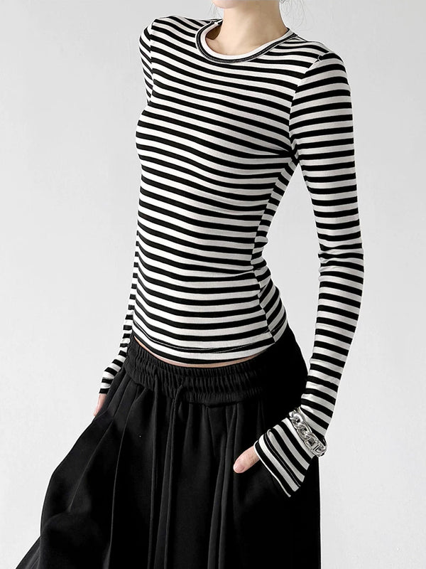 Black White striped long-sleeve top front view - CT66270