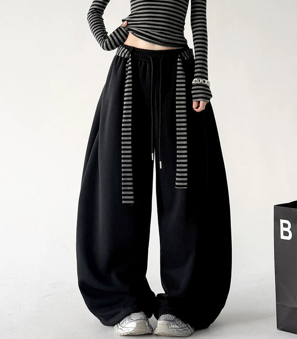 Black striped tie wide leg pants, front alternate view