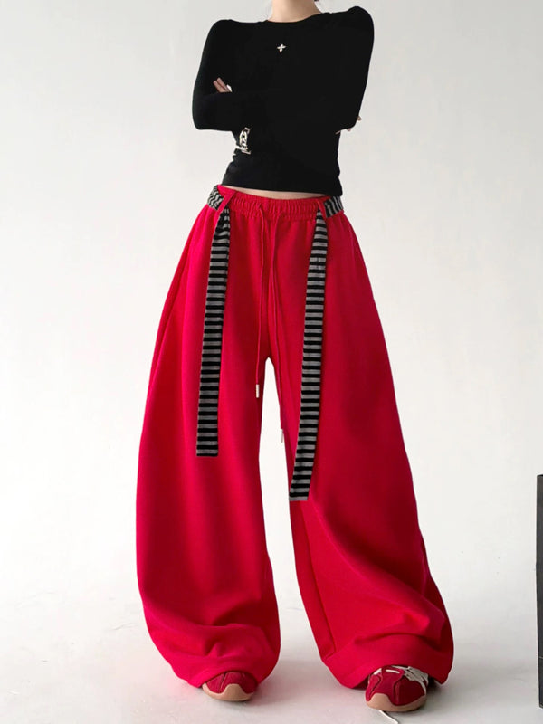 Red striped tie wide leg pants, styling view view