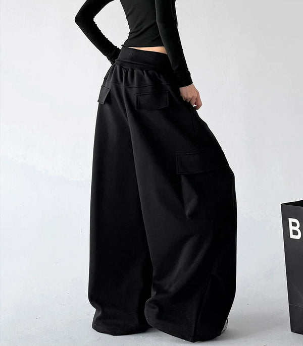 Black wide leg pants, back view