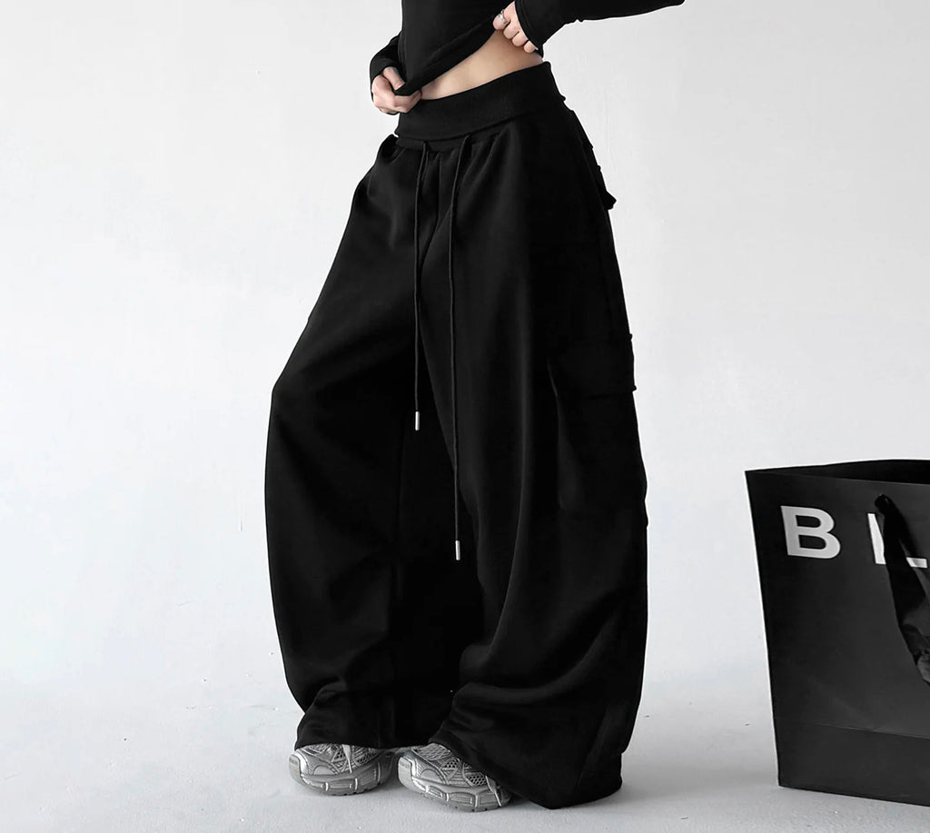 Black wide leg pants, side view