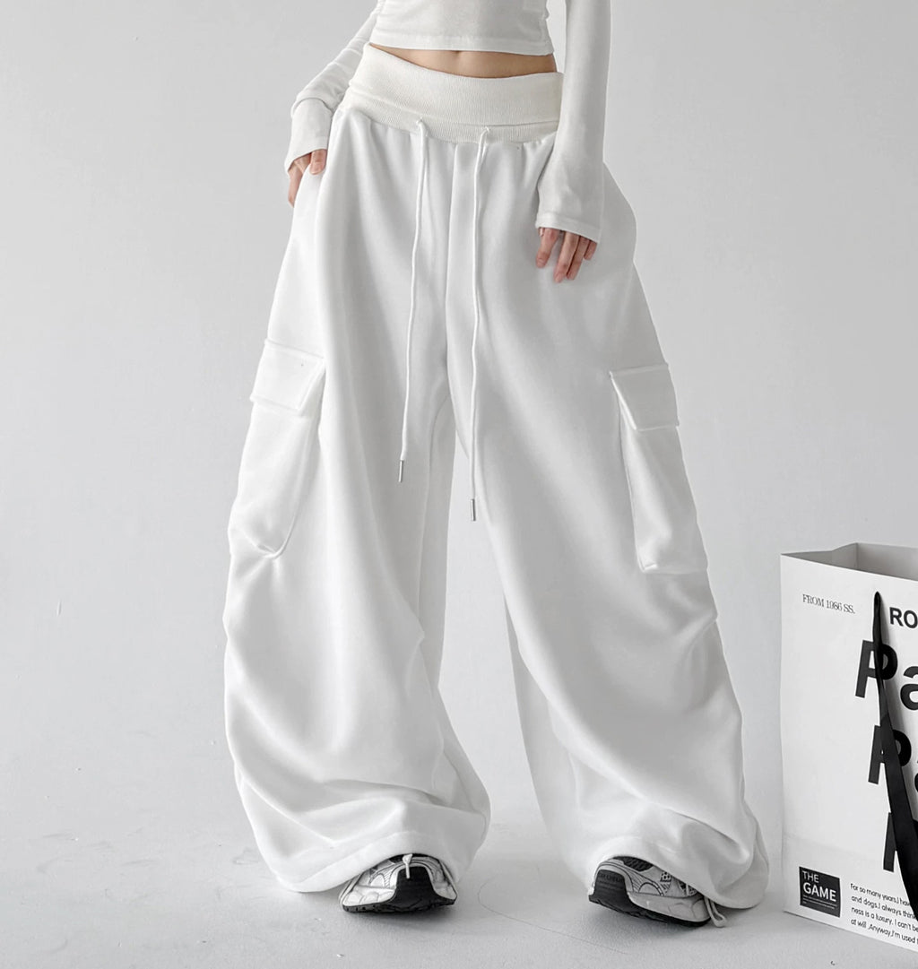 White wide leg pants, angled front view