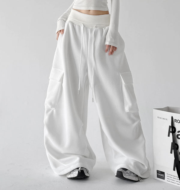 White wide leg pants, angled front view