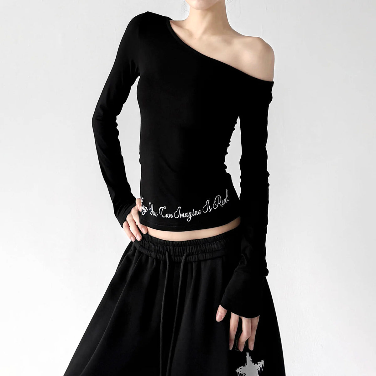 Black script-hem top angled front - CT66275