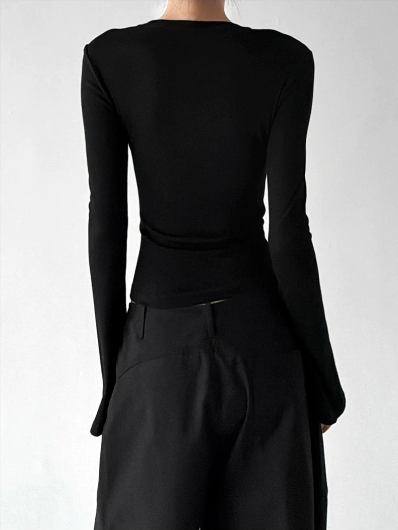 Contrast-Seam Bell-Cuff Long-Sleeve T-Shirt 서브 이미지