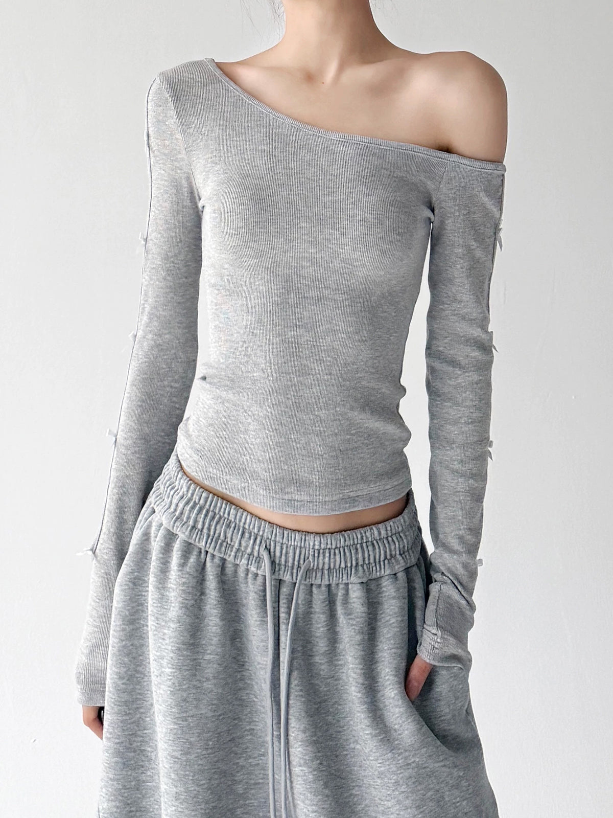 Gray bow-sleeve top front alt - CT66279
