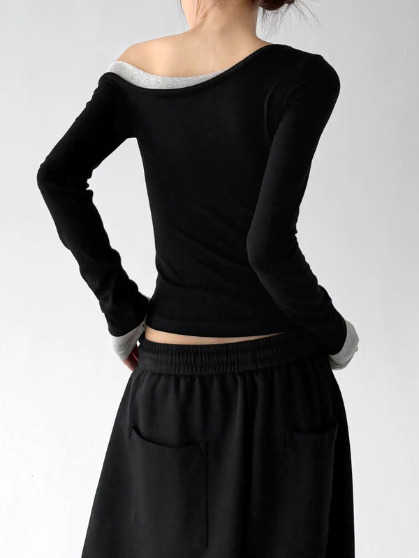 Black Gray contrast cuff asymmetric top, back view