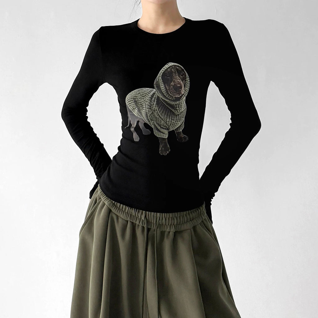 Black dog-print long-sleeve top front hands - CT66284