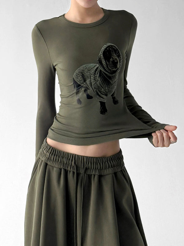 Light Army Green dog-print long-sleeve top hem detail - CT66284