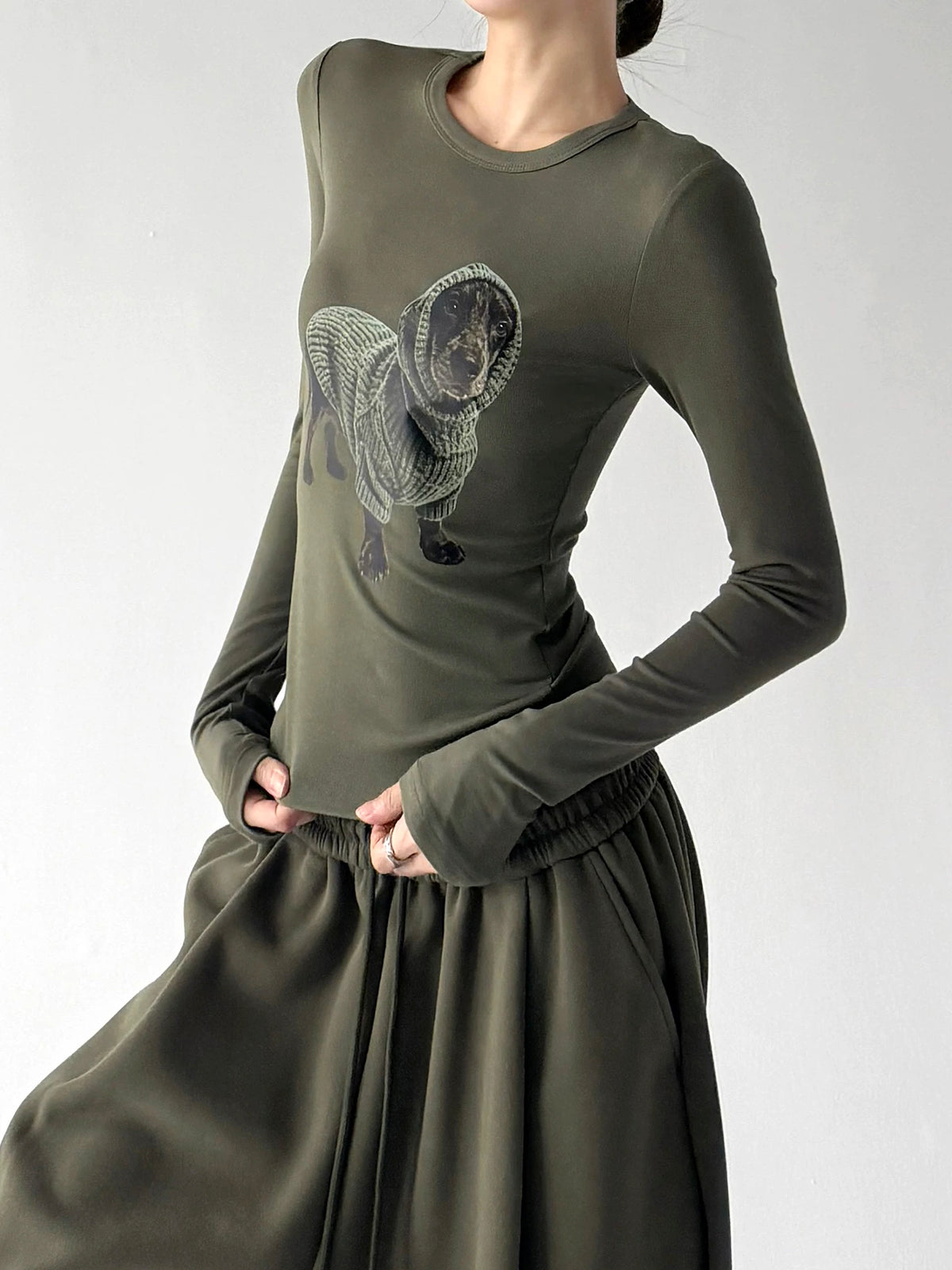 Light Army Green dog-print long-sleeve top side - CT66284