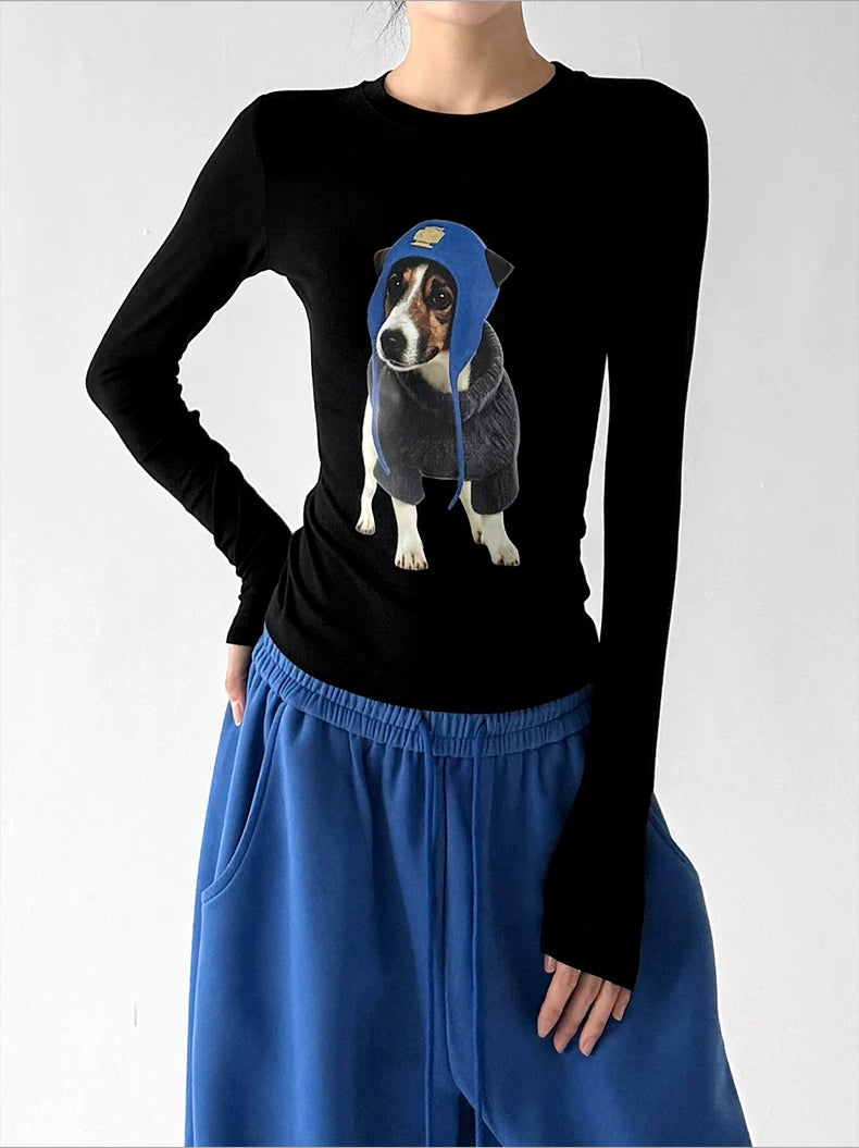 Black dog-print long-sleeve top angled front - CT66285