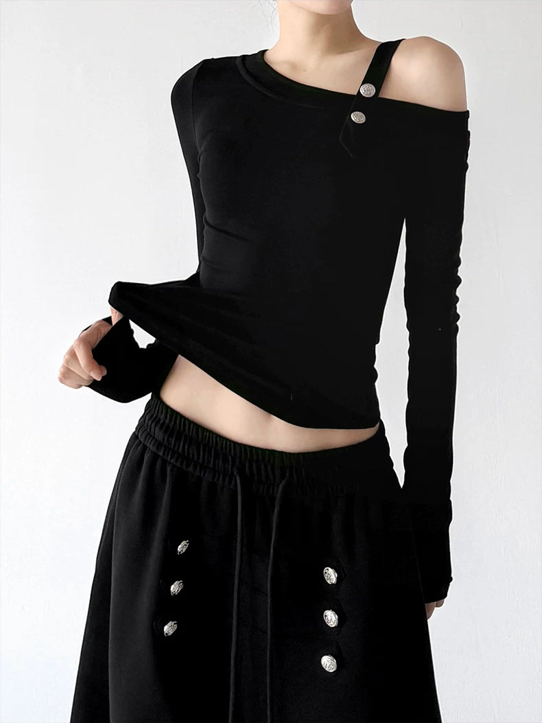 Black buttoned off-shoulder top hem detail - CT66289