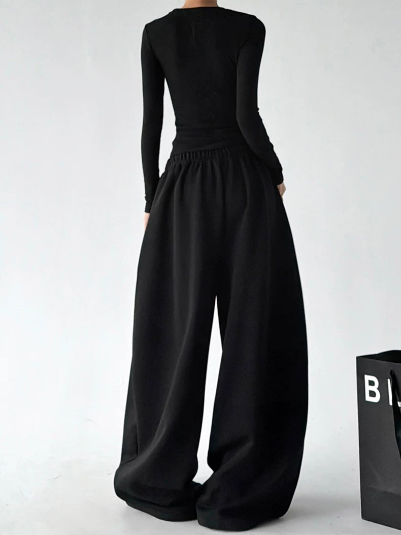 Black decorative-button wide-leg pants back - CT66292