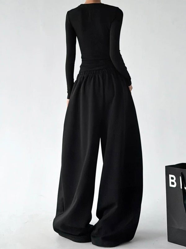 Black decorative-button wide-leg pants back - CT66292