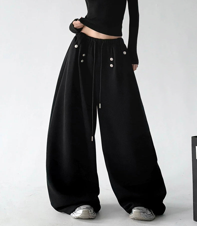Black decorative-button wide-leg pants front - CT66292