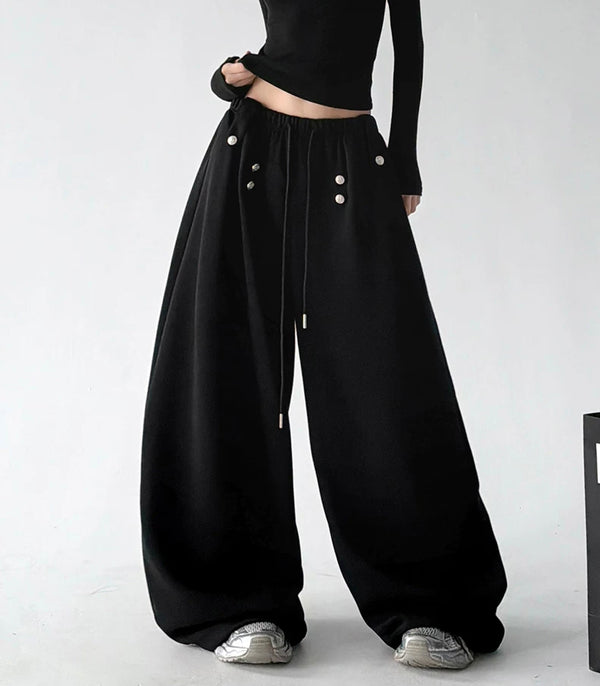 Black decorative-button wide-leg pants front - CT66292
