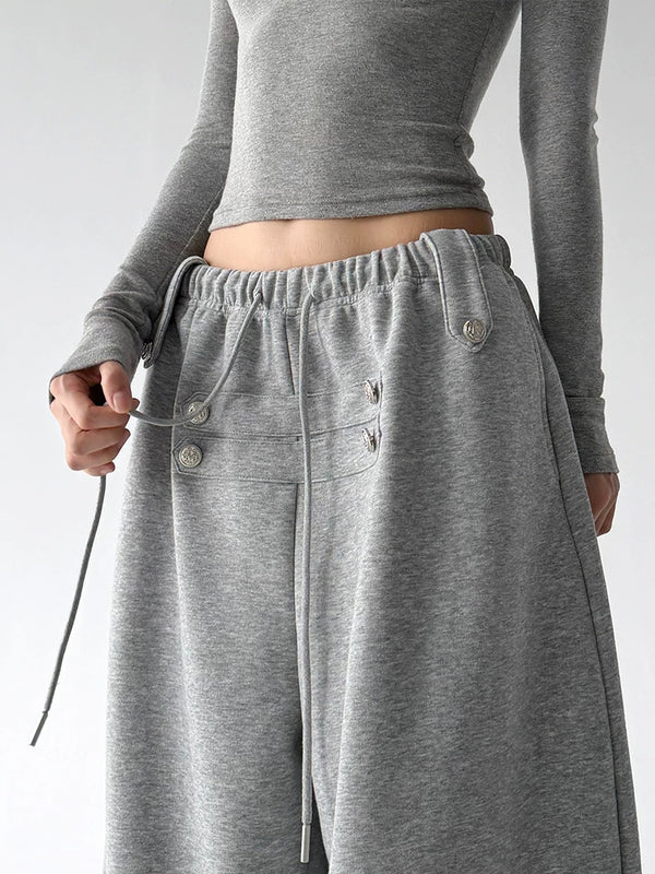 Gray decorative-button wide-leg pants waist detail - CT66292