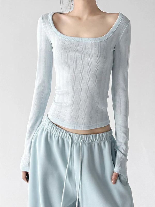 Blue ribbed scoop-neck top front - CT66295