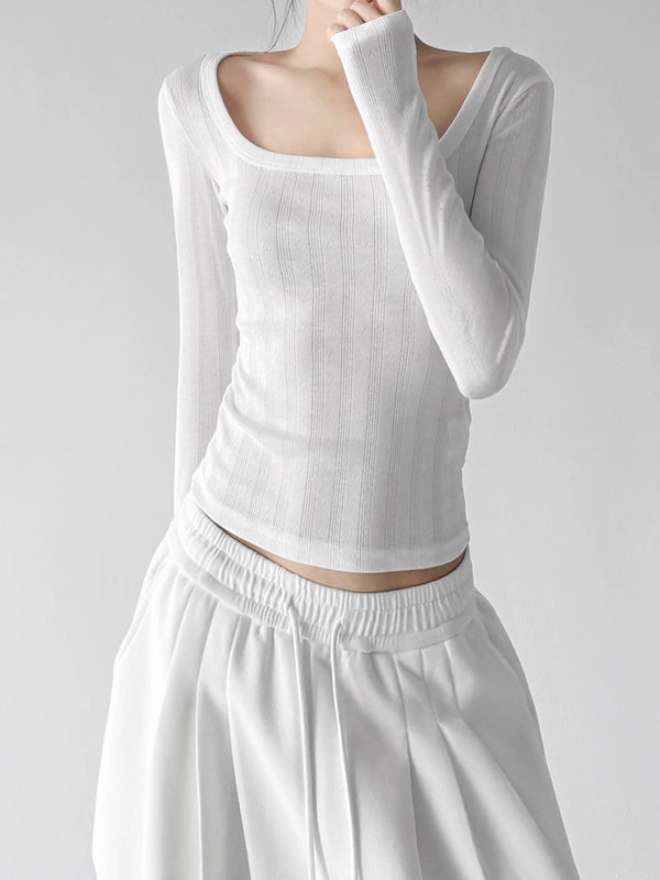 White ribbed scoop-neck top sleeve detail - CT66295