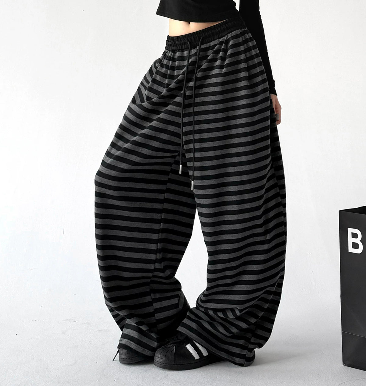 Black Gray striped wide-leg pants front alt - CT66298