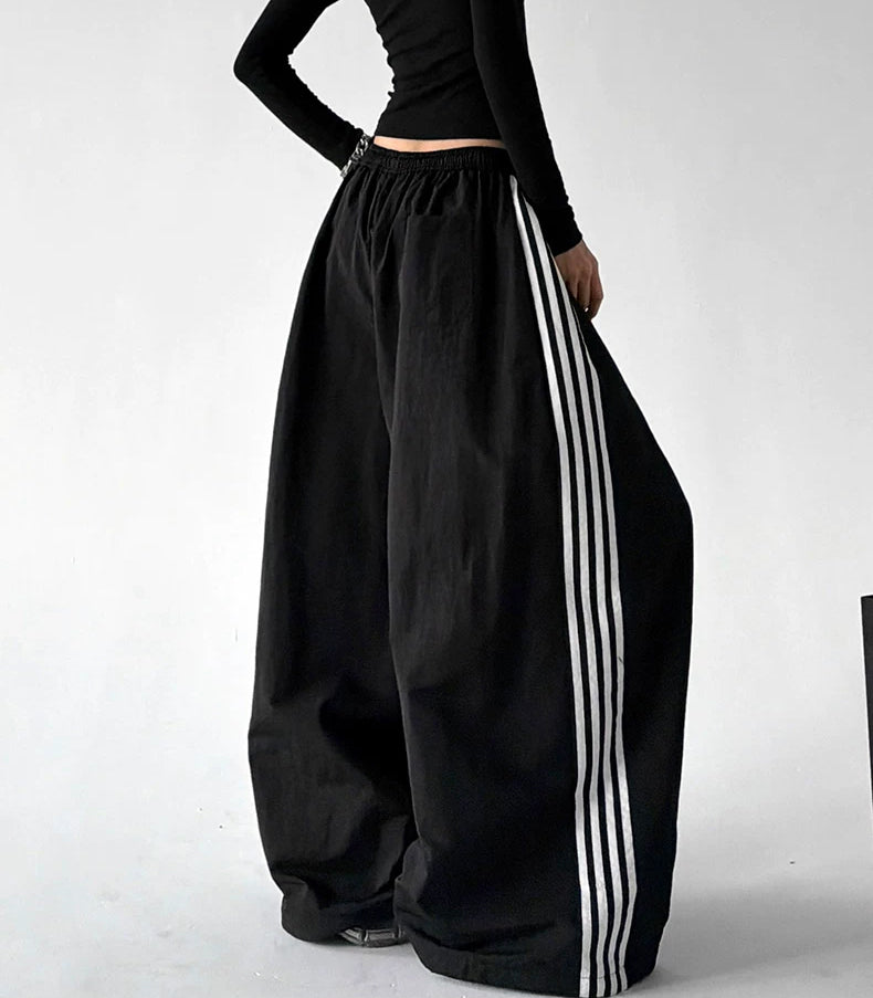 Black side-stripe wide-leg pants back - CT66303