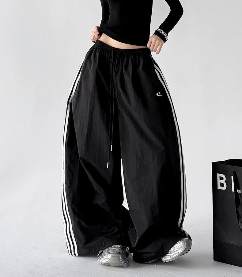 Black side-stripe wide-leg pants front hands - CT66303 메인 이미지