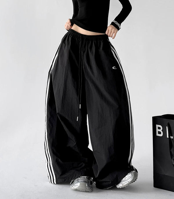 Black side-stripe wide-leg pants front hands - CT66303